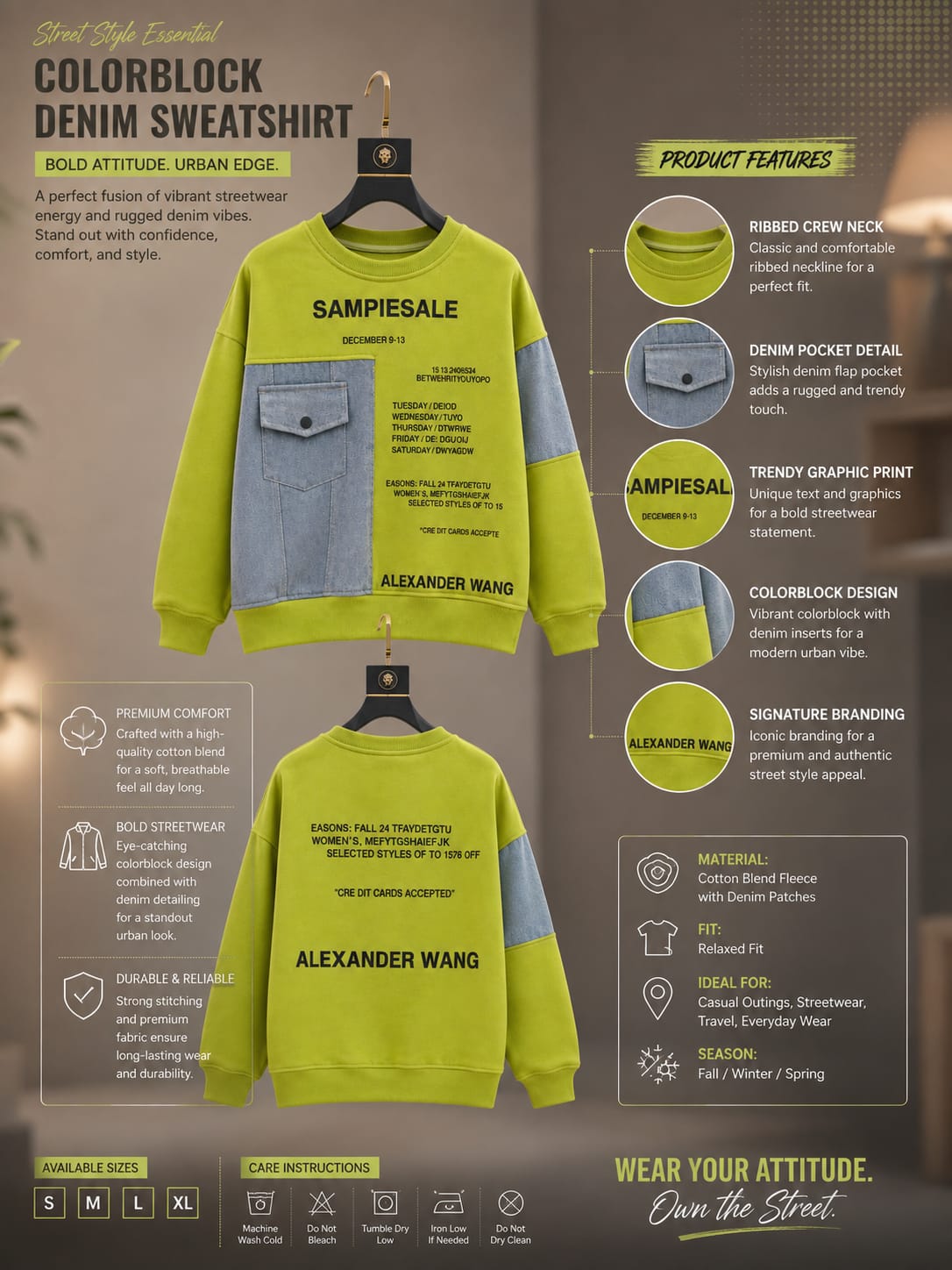 Boys Lime Green Denim Patch Sweatshirt (6-11 Years)