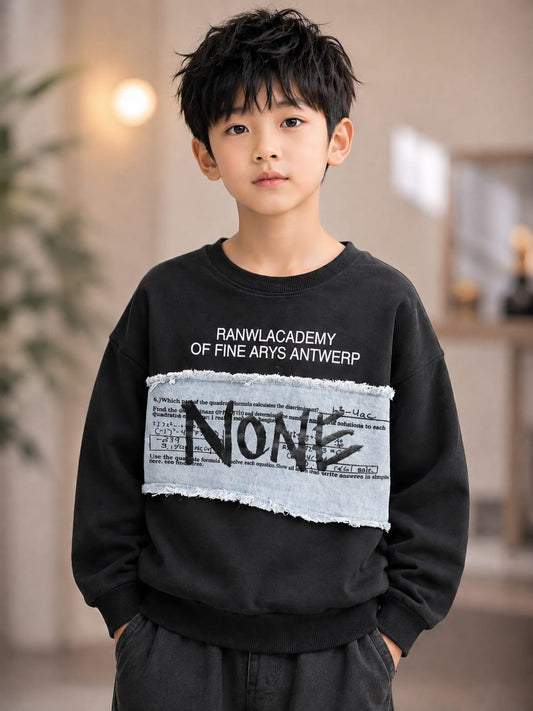 Boys Black Denim Patch Graphic Sweatshirt | Casual Winter Wear (6-11 Years)