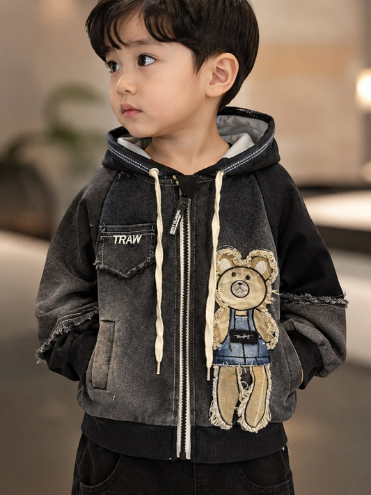 Kids Black Teddy Bear Printed Hooded Jacket | 1–5 Years