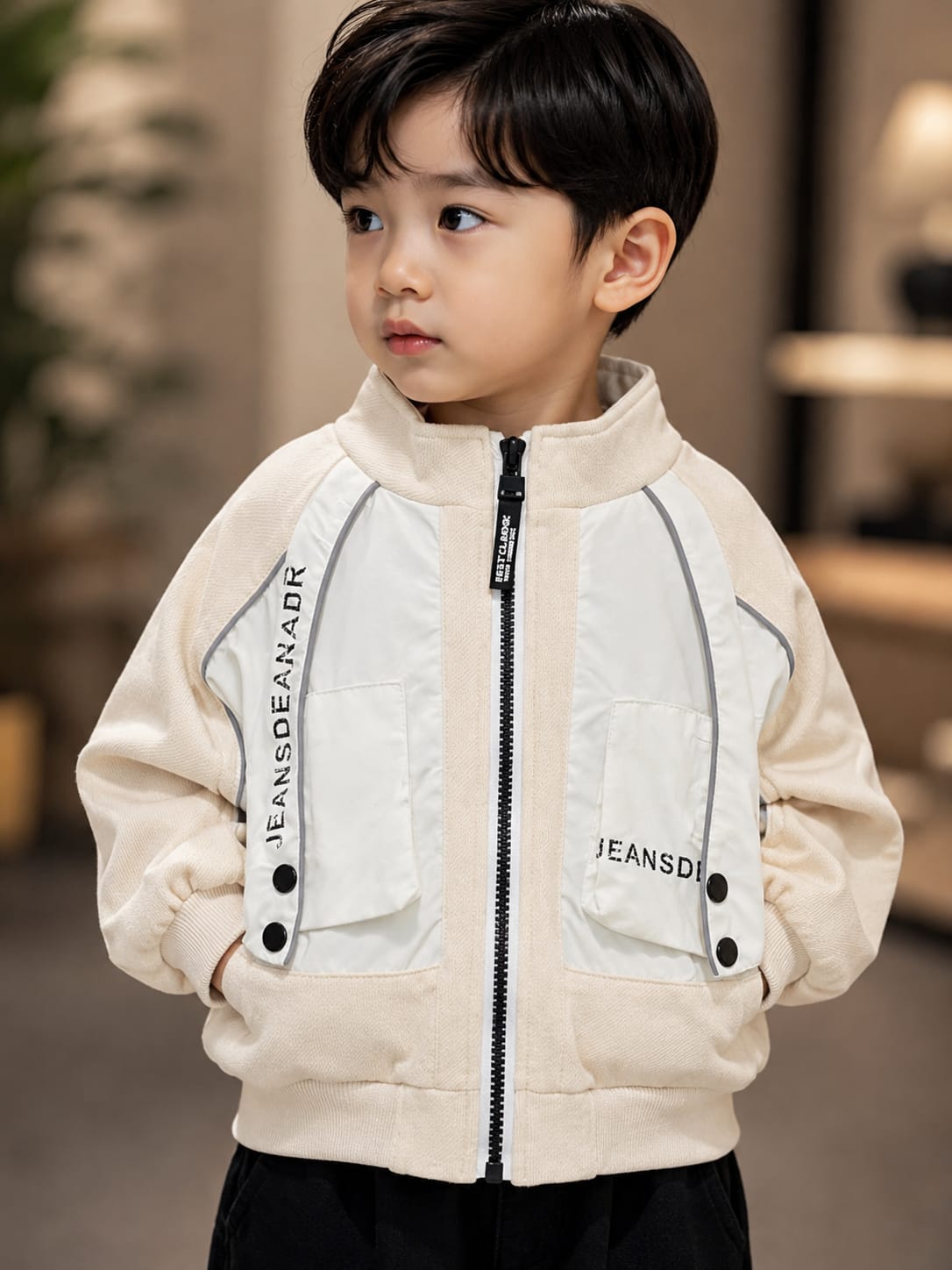 Kids Cream & White Stylish Zip-Up Jacket | 1–5 Years