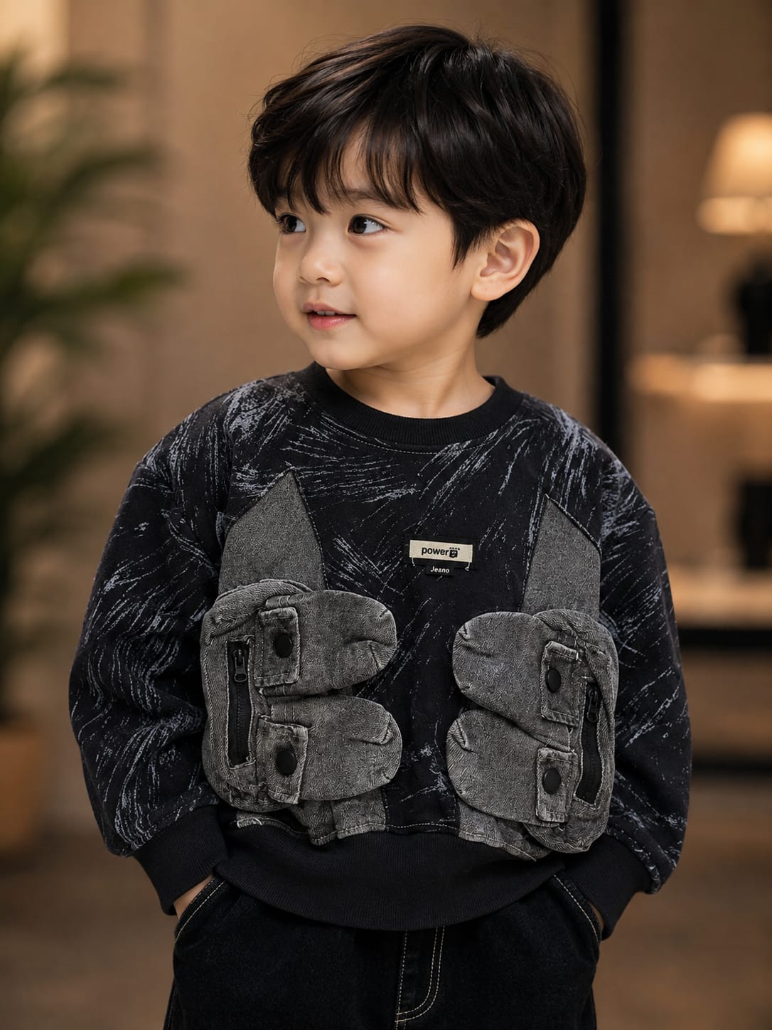 Kids Black Printed Cargo Pocket Sweatshirt | 1–5 Years