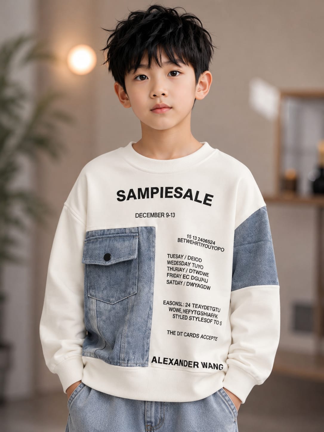 Boys Denim Pocket Patch Graphic Sweatshirt | Casual Winter Wear for Kids (6-11 Years)