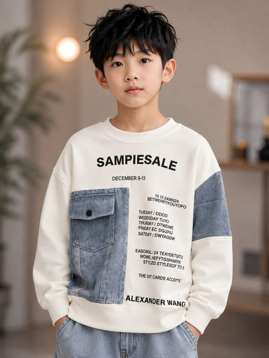 Boys Denim Pocket Patch Graphic Sweatshirt | Casual Winter Wear for Kids (6-11 Years)