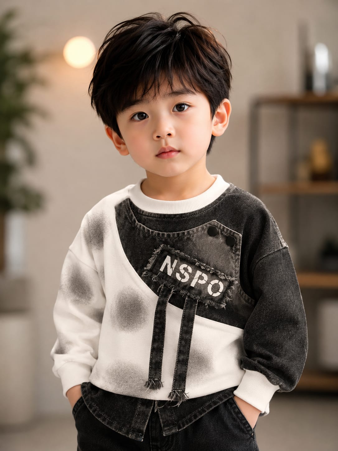 Kids Patchwork Denim Panel Sweatshirt – Black & White Casual Winter Top (1-6 Years)