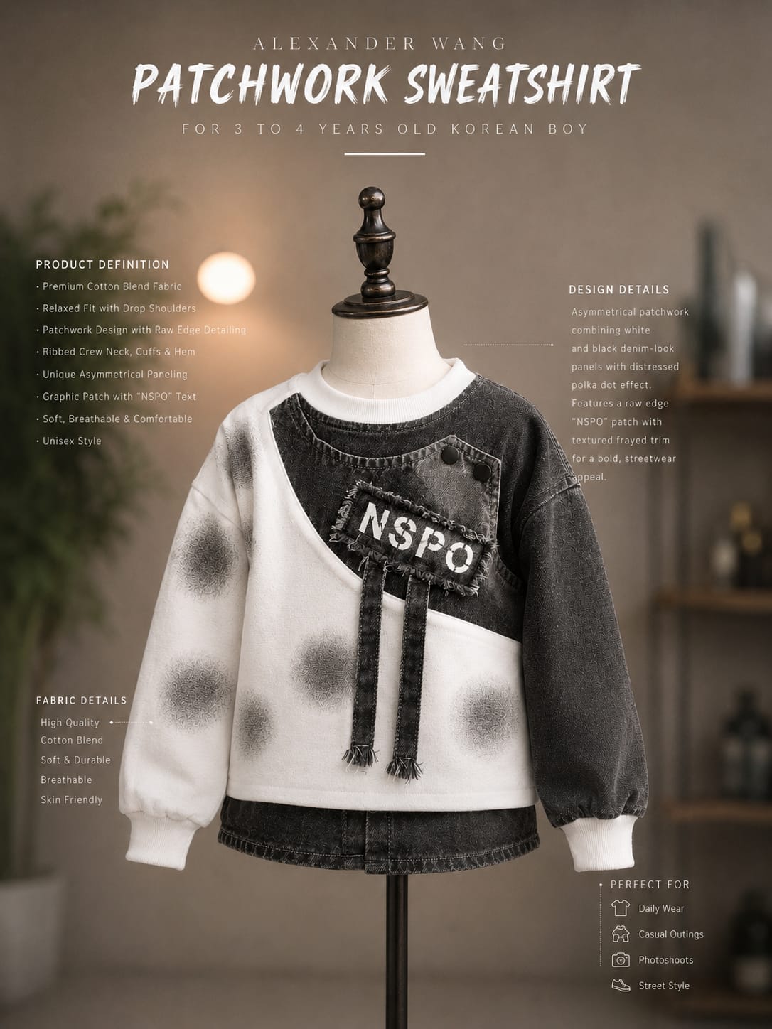 Kids Patchwork Denim Panel Sweatshirt – Black & White Casual Winter Top (1-6 Years)