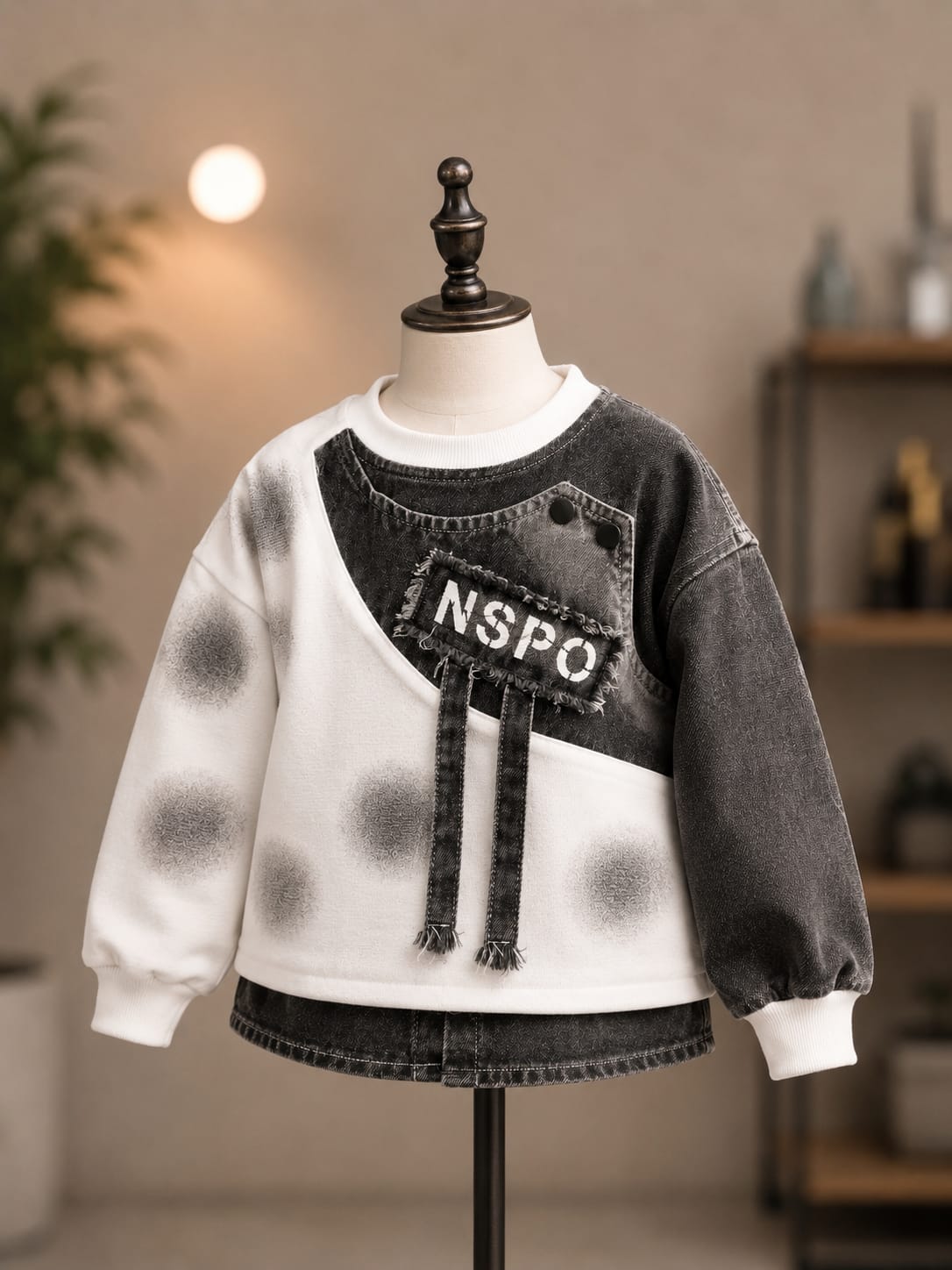 Kids Patchwork Denim Panel Sweatshirt – Black & White Casual Winter Top (1-6 Years)
