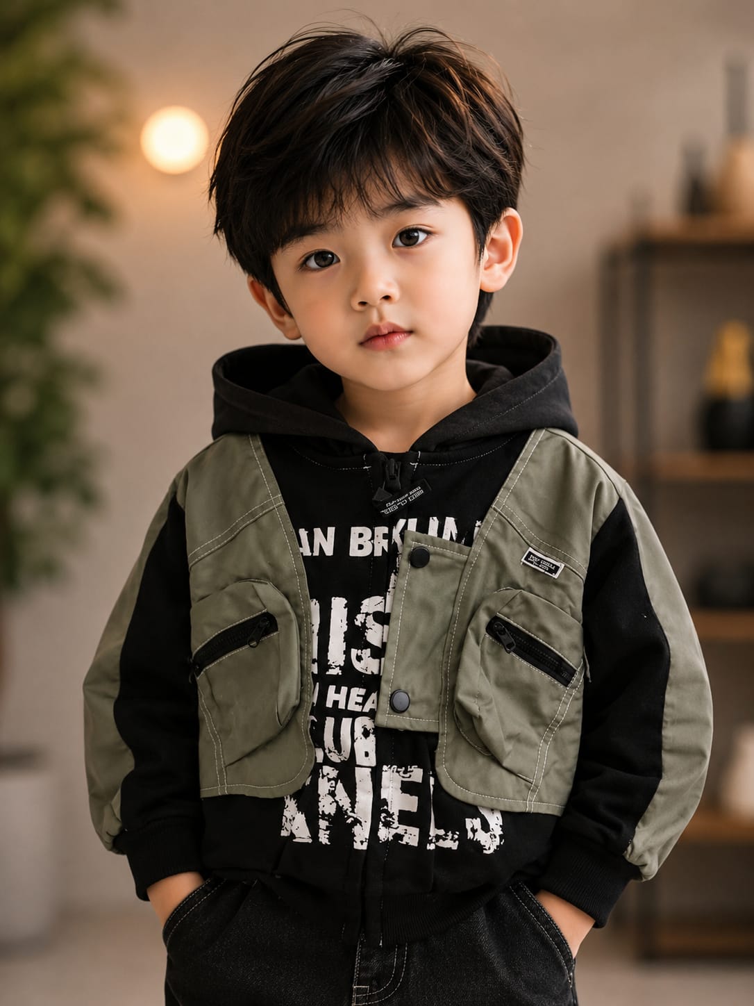 Boys Utility Pocket Hooded Jacket – Olive Green & Black