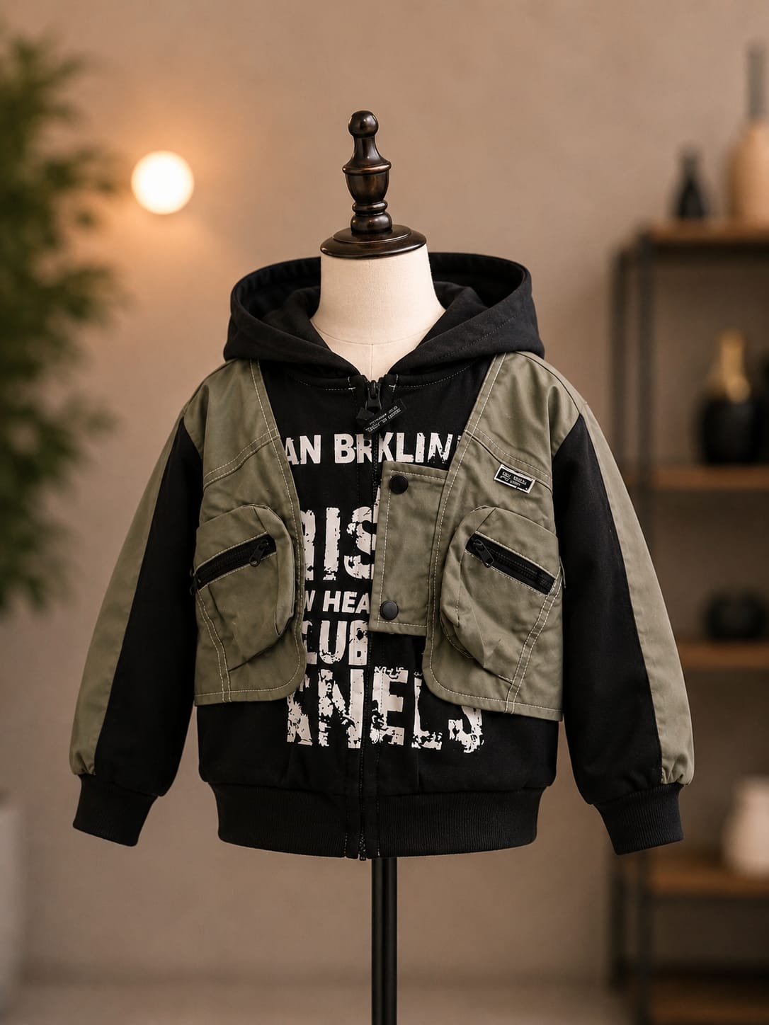 Boys Utility Pocket Hooded Jacket – Olive Green & Black