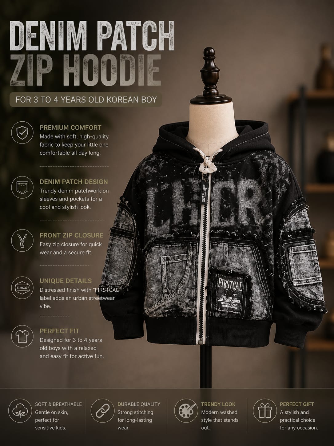 Kids D.C.R Printed Hooded Zip-Up Jacket for Boys & Girls | Winter Casual Hoodie (1-6 Years)