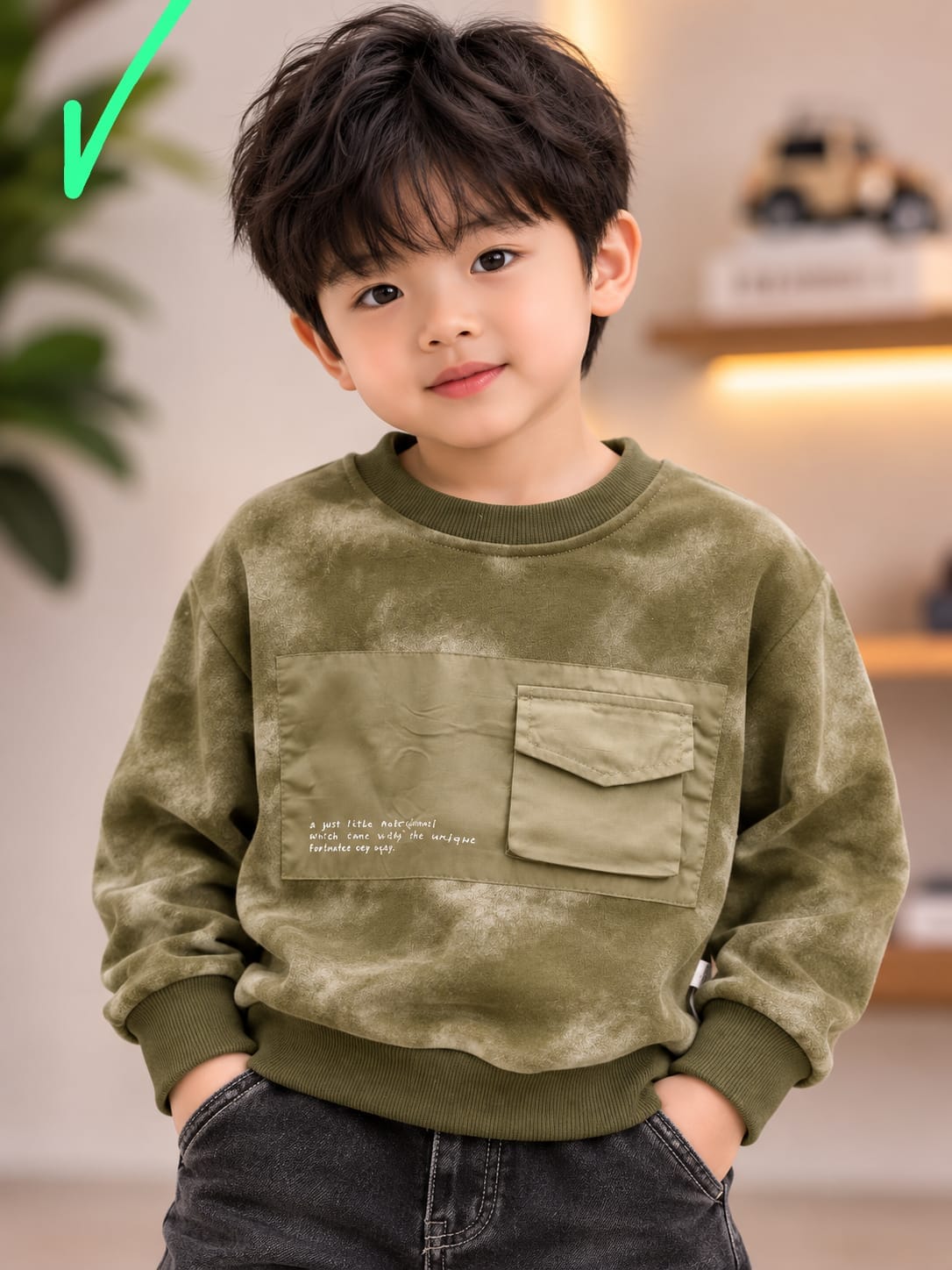 Kids Olive Utility Pocket Sweatshirt | Casual Winter Wear (1-6 Years)