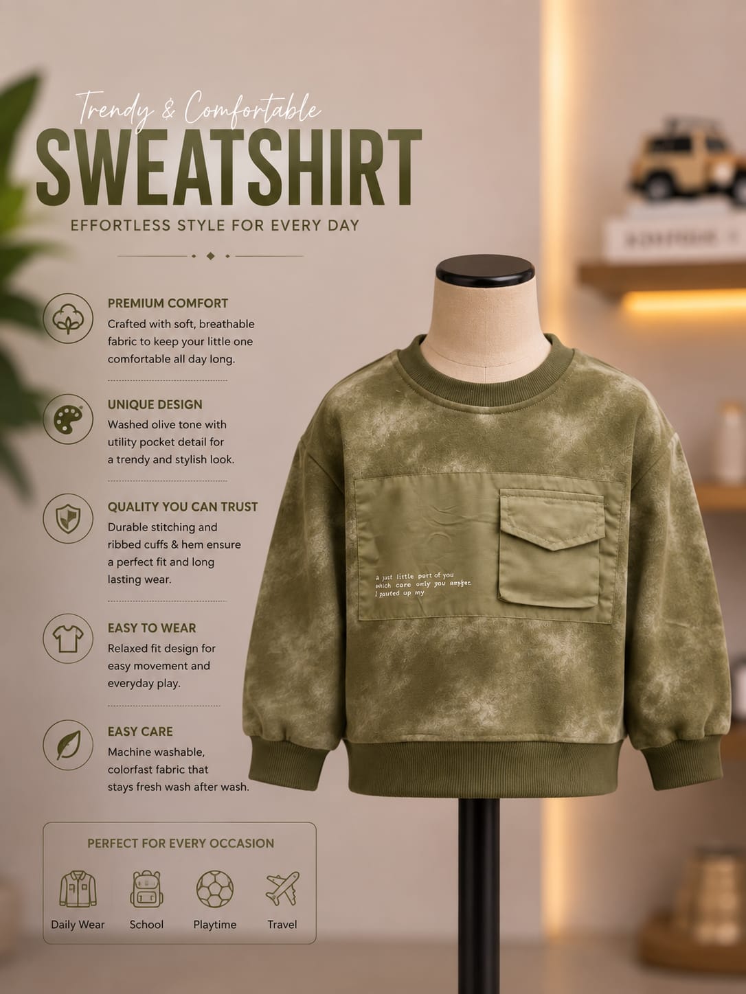 Kids Olive Utility Pocket Sweatshirt | Casual Winter Wear (1-6 Years)