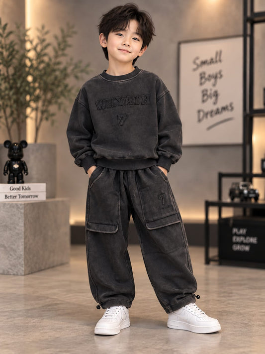 Kids Vintage Black Co-Ord Set – Oversized Sweatshirt & Wide-Leg Cargo Pants | 5–10 Years