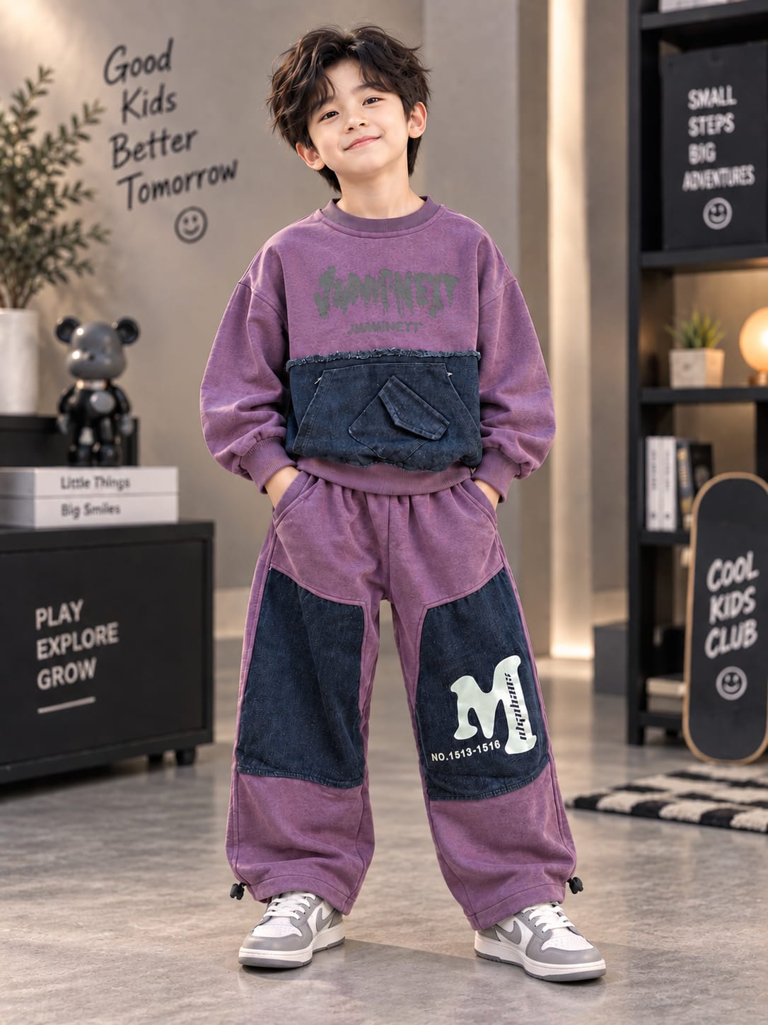 Kids Premium Purple Denim Patch Co-Ord Set – Stylish Sweatshirt & Wide-Leg Pants | 5–10 Years