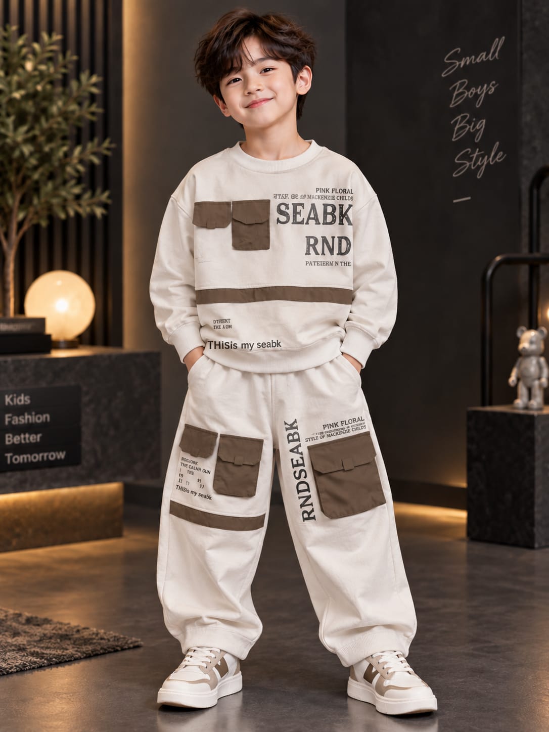 Kids Stylish Cream Cargo Co-Ord Set with Printed Sweatshirt & Wide-Leg Pants | 5–10 Years
