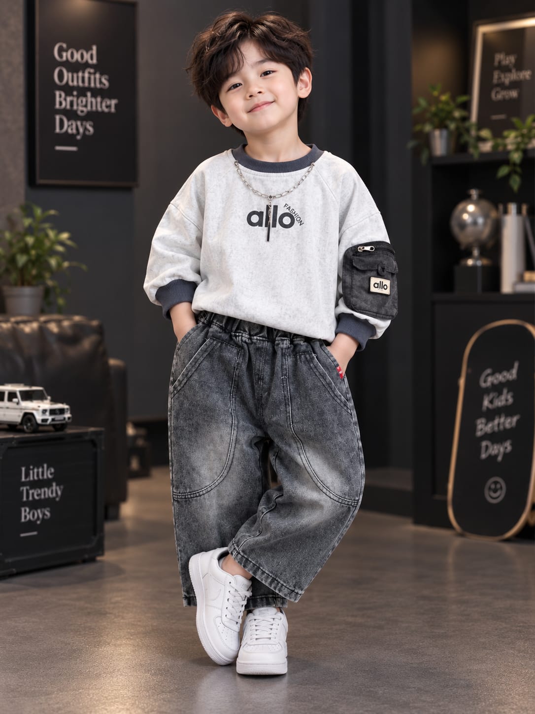 Kids Grey Washed Denim Cargo Joggers with Printed Sweatshirt | 18–26