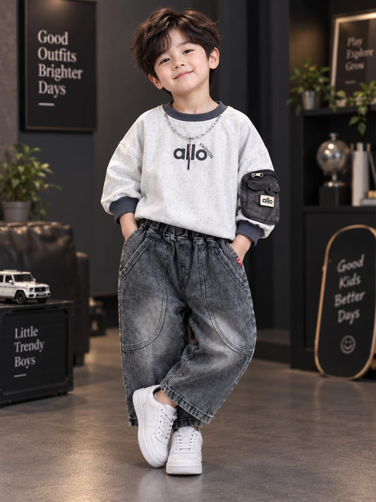 Kids Grey Washed Denim Cargo Joggers with Printed Sweatshirt | 18–26
