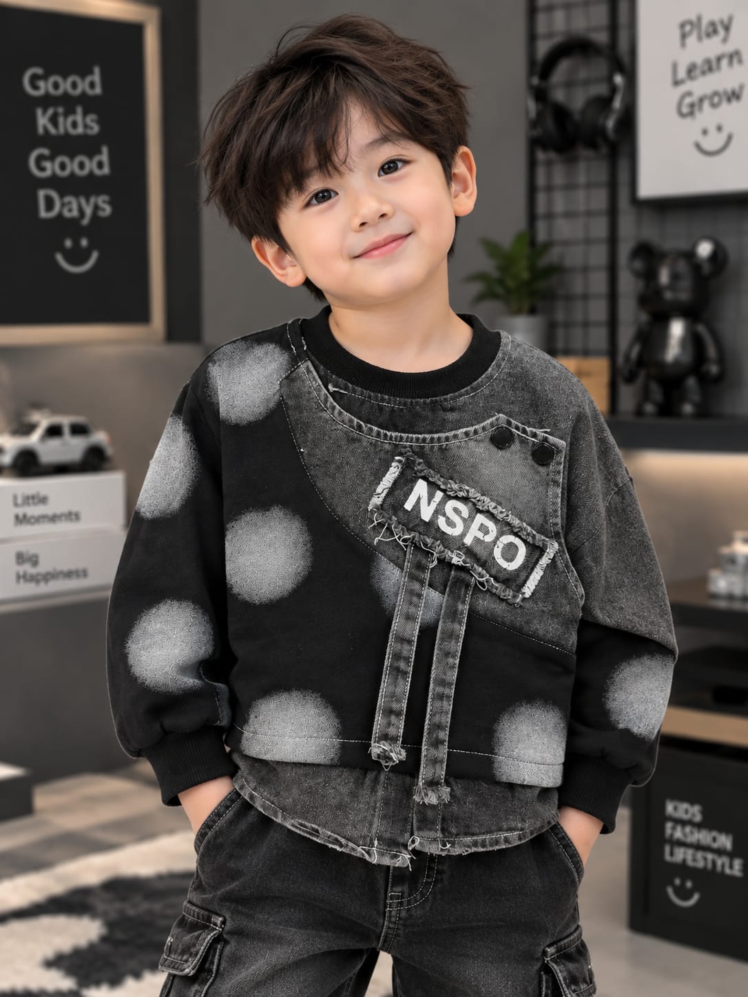 Kids Black & Grey Denim Style Sweatshirt – Printed Full Sleeve Top | Sizes 18–26