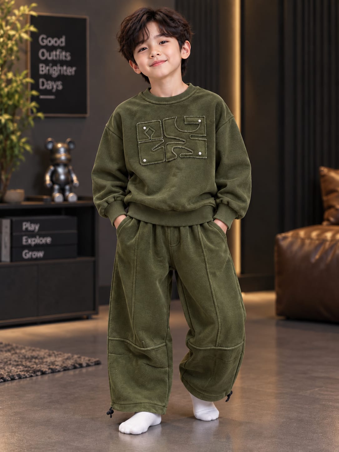 Kids Olive Green Printed Sweatshirt & Wide-Leg Pants Set – Stylish Co-Ord Set | Sizes 5–10 Years