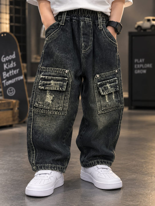 Kids Vintage Colour Cargo Denim Jeans – Ripped Pocket Detail | Sizes 24 Months–5 Years