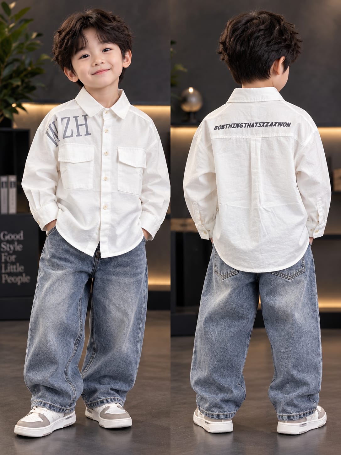 Kids White Casual Shirt – Full Sleeve Cotton Look with Front Pockets & Print | Sizes 5–10 Years