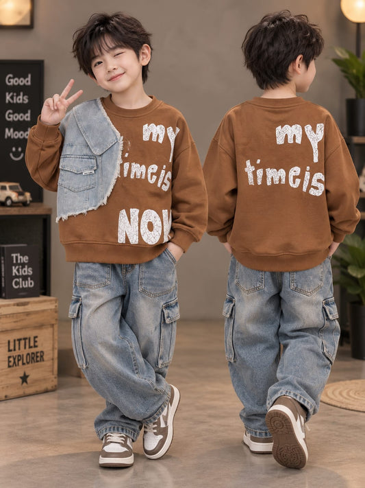Kids Boys Brown Graphic Sweatshirt with Denim Vest Design | Casual Winter Sweatshirt | 6–12 Years