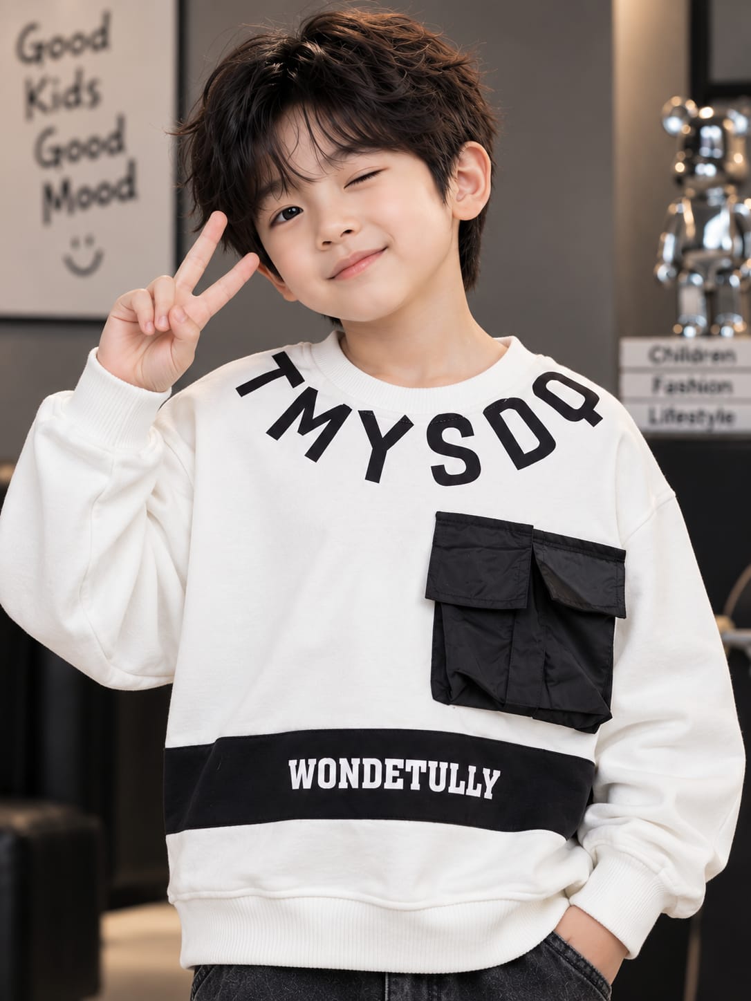 Kids Boys White & Black Graphic Pocket Sweatshirt | Trendy Casual Sweatshirt | 6–12 Years