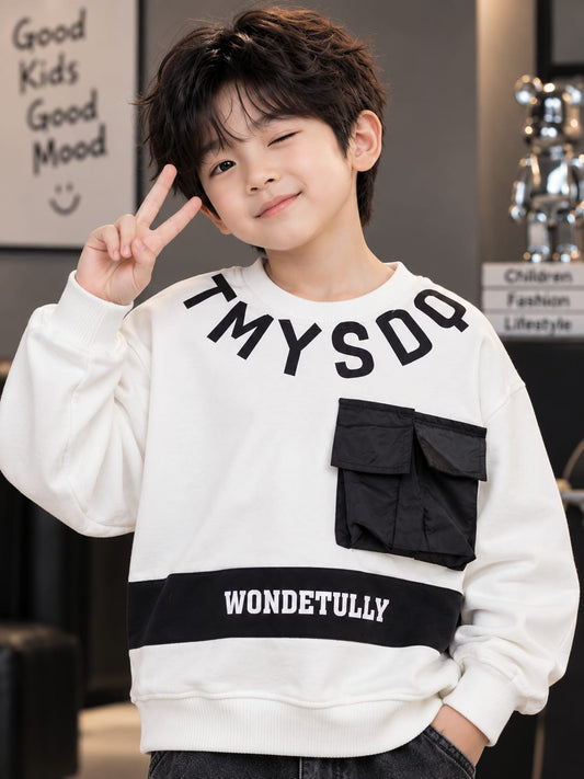 Kids Boys White & Black Graphic Pocket Sweatshirt | Trendy Casual Sweatshirt | 6–12 Years