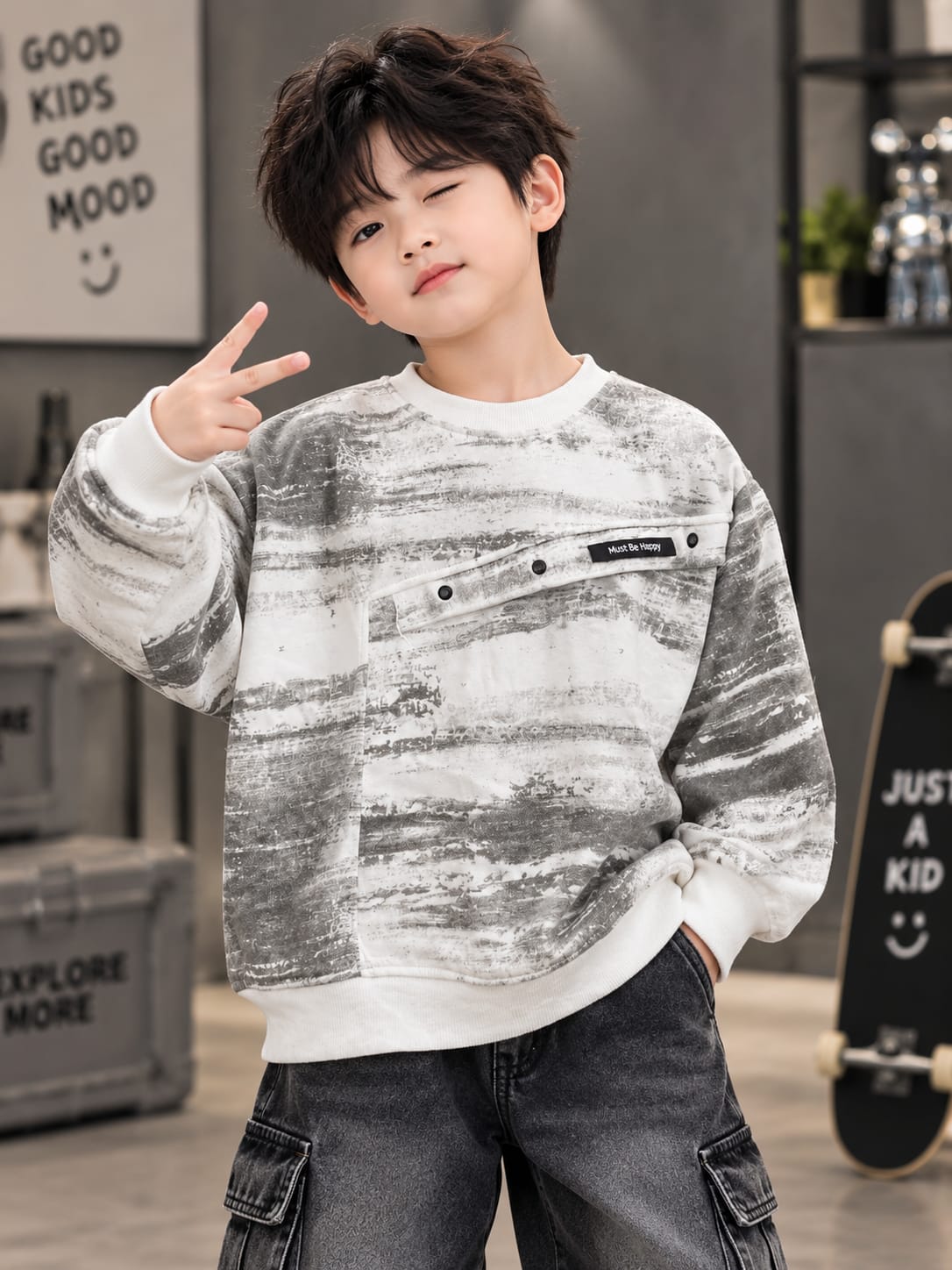 Kids Boys White & Grey Printed Sweatshirt with Front Button Detail | Trendy Casual Sweatshirt | 6–12 Years