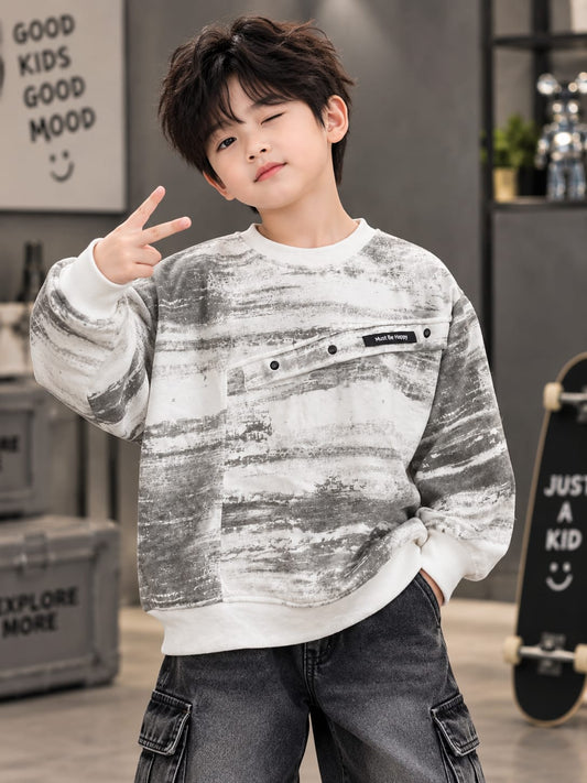 Kids Boys White & Grey Printed Sweatshirt with Front Button Detail | Trendy Casual Sweatshirt | 6–12 Years