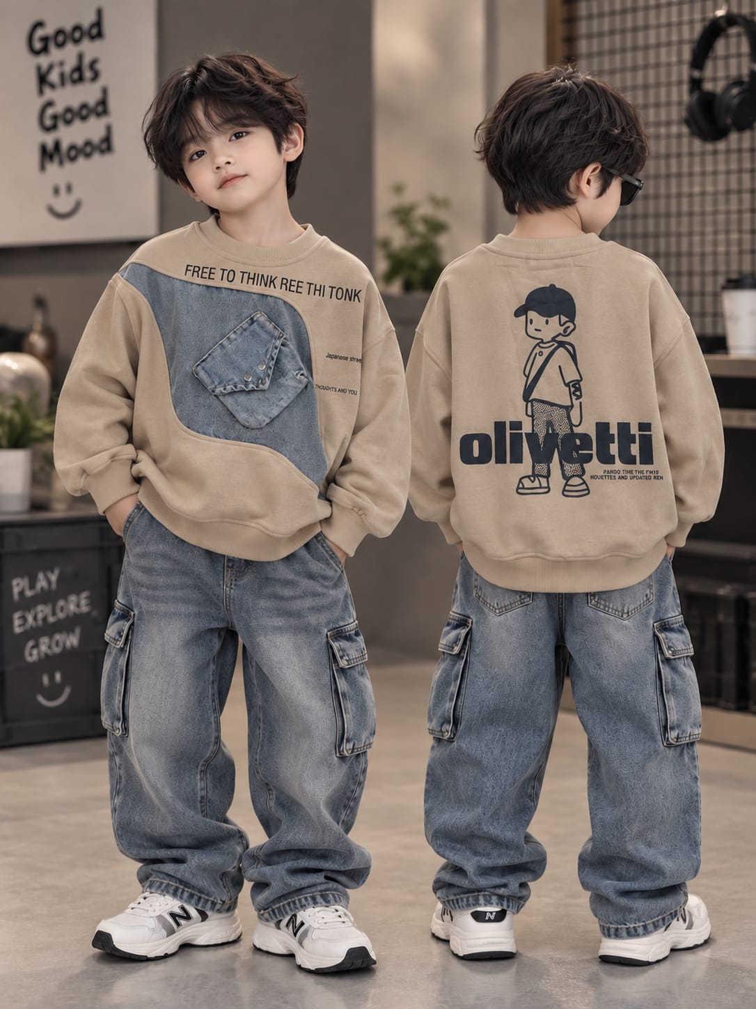 Kids Boys Beige Sweatshirt with Denim Panel & Pocket Detail | Trendy Casual Sweatshirt | 6–12 Years