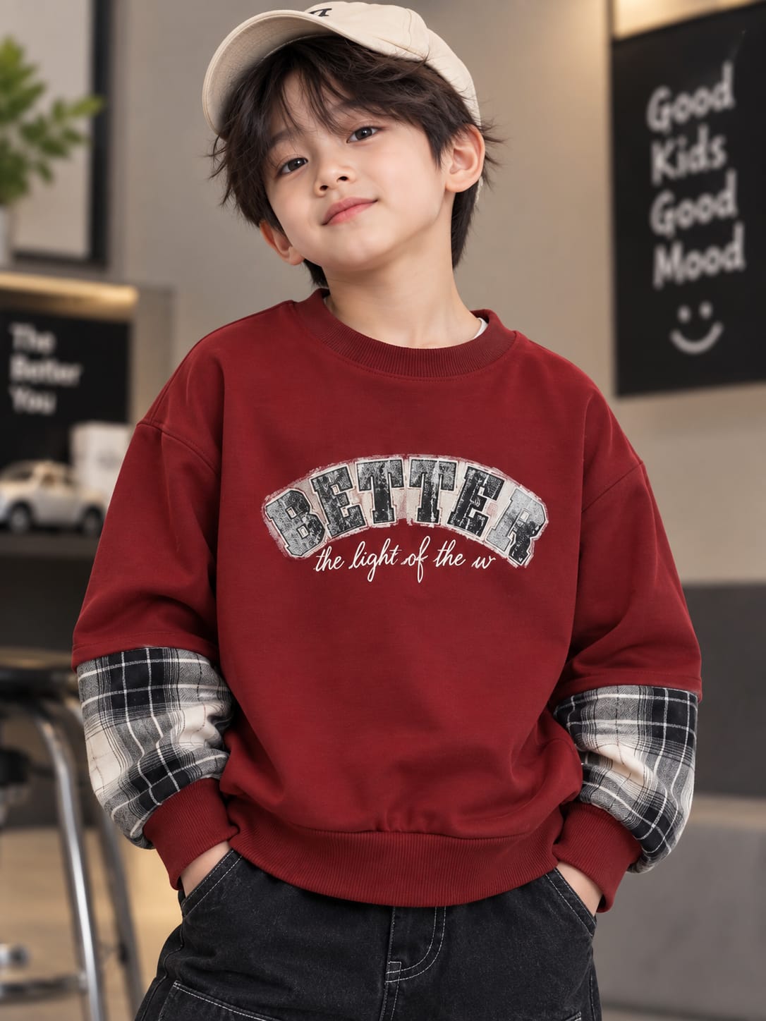 Boys Maroon Printed Sweatshirt with Checkered Sleeve Detail – 6 to 12 Years