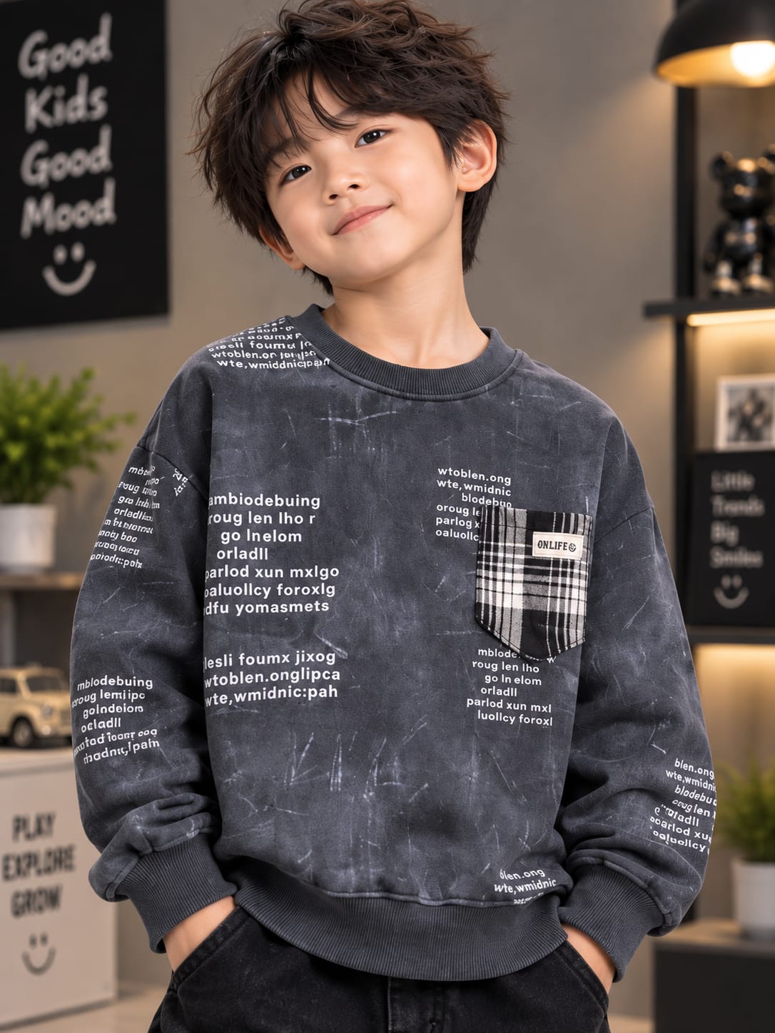 Boys Printed Sweatshirt with Checkered Pocket – 6 to 12 Years