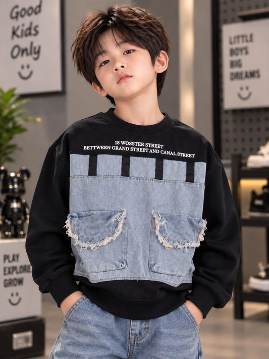 Boys Black Sweatshirt with Denim Front Panel & Pocket Detail – 6 to 12 Years