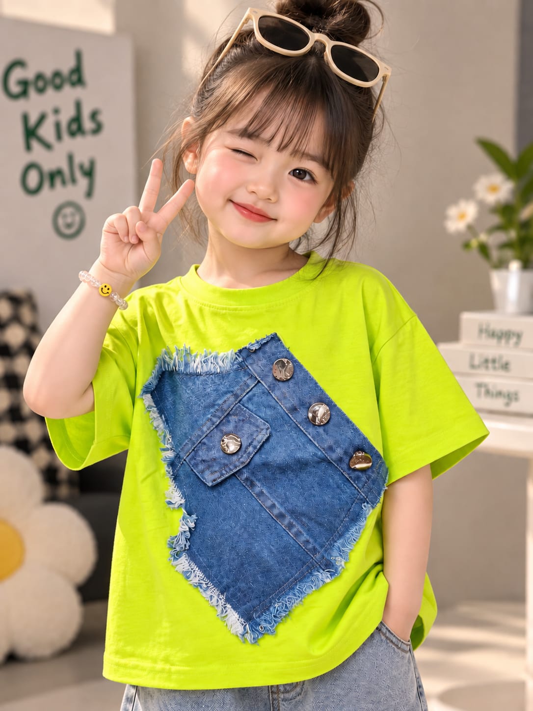 Baby Girls Neon Green Denim Patch Applique Cotton T-Shirt | Casual Summer Wear for 6 Months to 4 Years