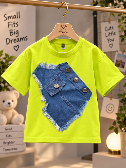 Baby Girls Neon Green Denim Patch Applique Cotton T-Shirt | Casual Summer Wear for 6 Months to 4 Years