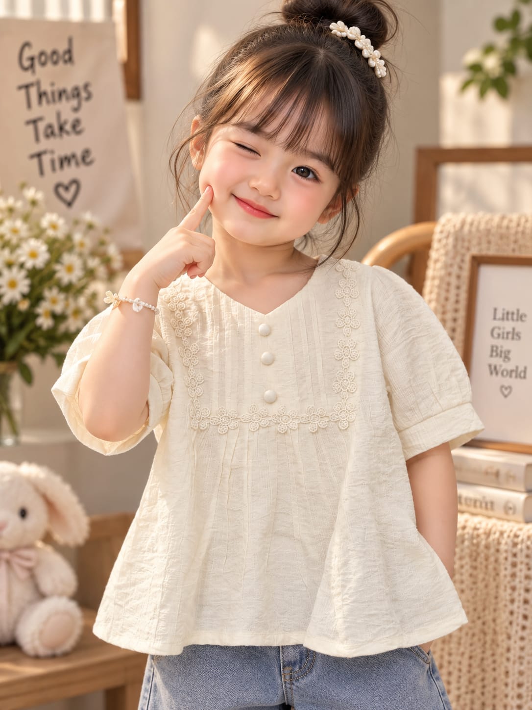 Baby Girls Elegant Lace Puff Sleeve Cotton Top | Soft Summer Party & Casual Wear Top (6 Months–4 Years)