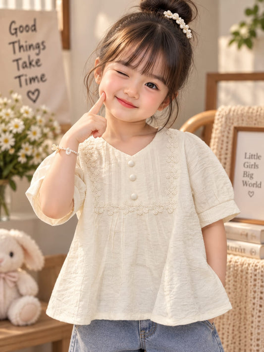 Baby Girls Elegant Lace Puff Sleeve Cotton Top | Soft Summer Party & Casual Wear Top (6 Months–4 Years)