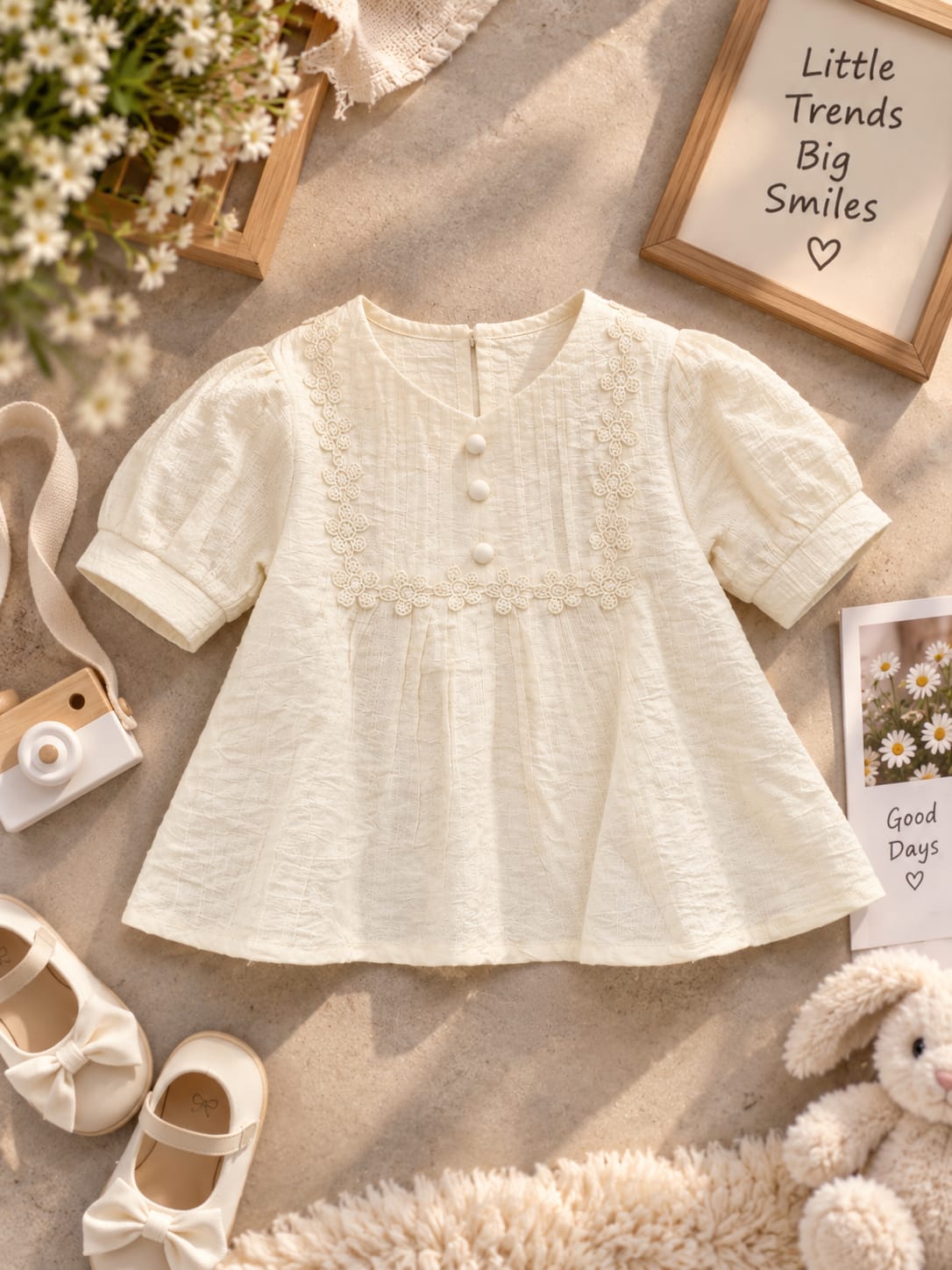 Baby Girls Elegant Lace Puff Sleeve Cotton Top | Soft Summer Party & Casual Wear Top (6 Months–4 Years)
