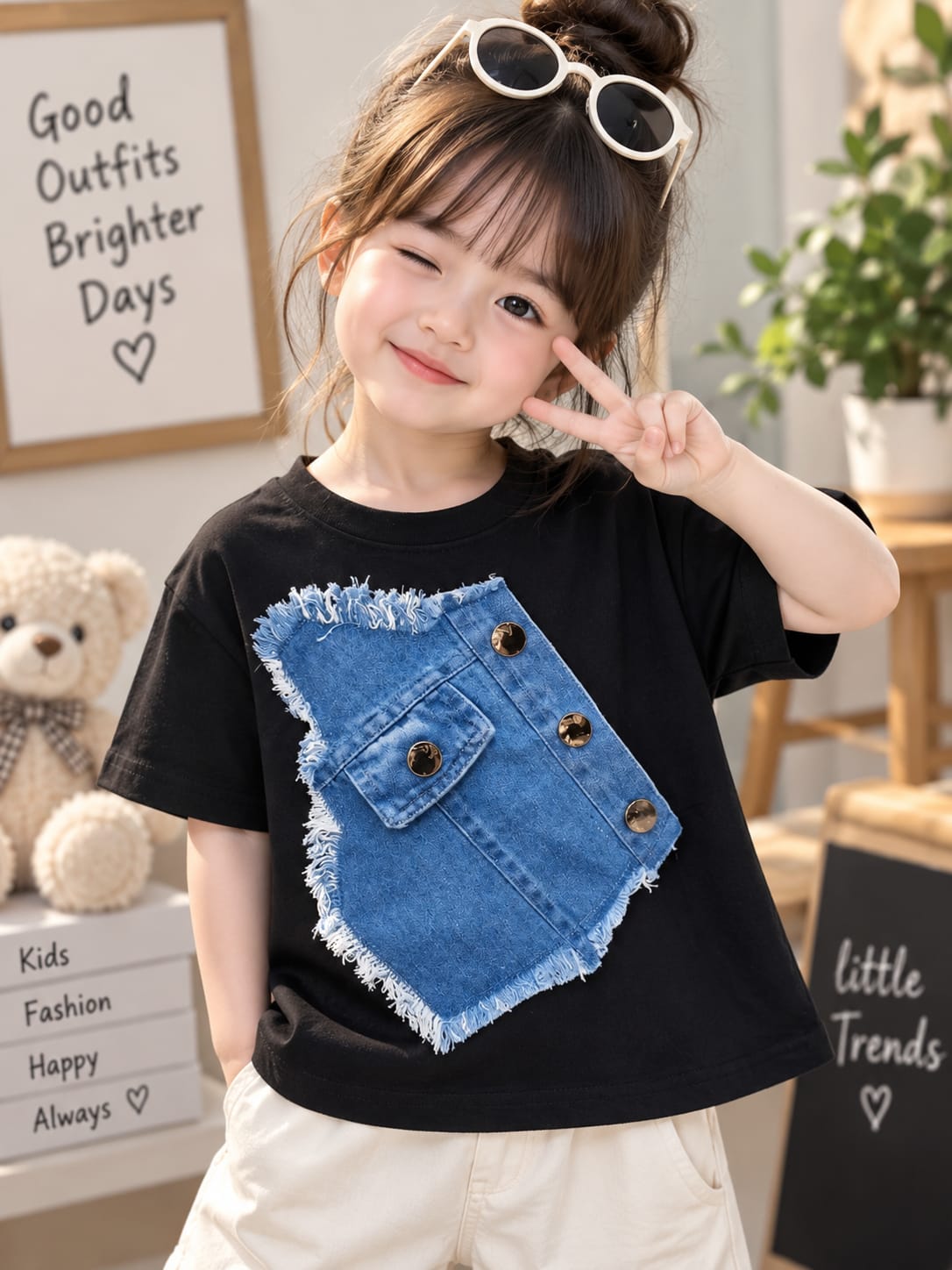 Baby Girls Premium Denim Patch Pocket Cotton T-Shirt | Trendy Casual Summer Tee for 6 Months to 4 Years