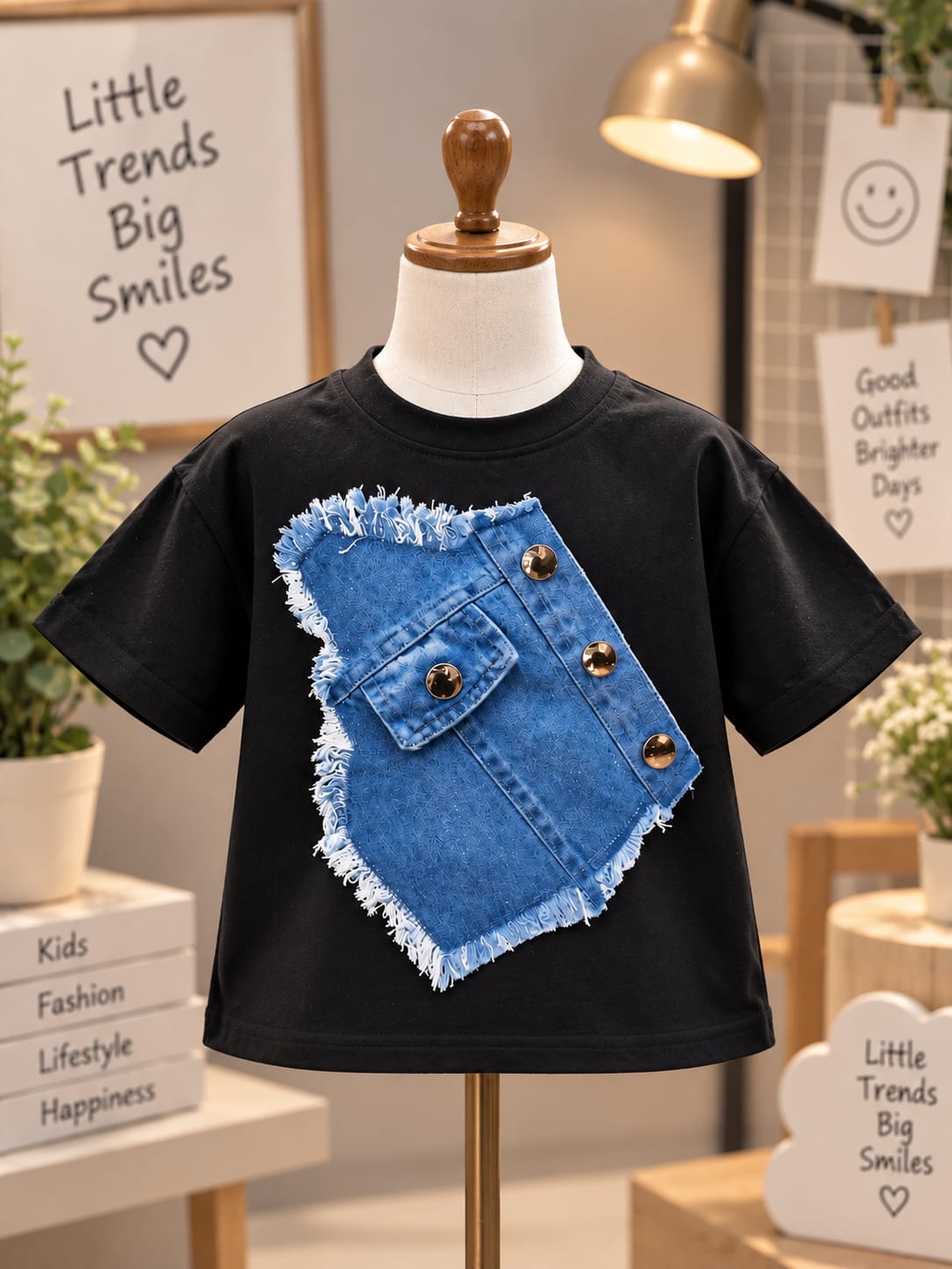 Baby Girls Premium Denim Patch Pocket Cotton T-Shirt | Trendy Casual Summer Tee for 6 Months to 4 Years