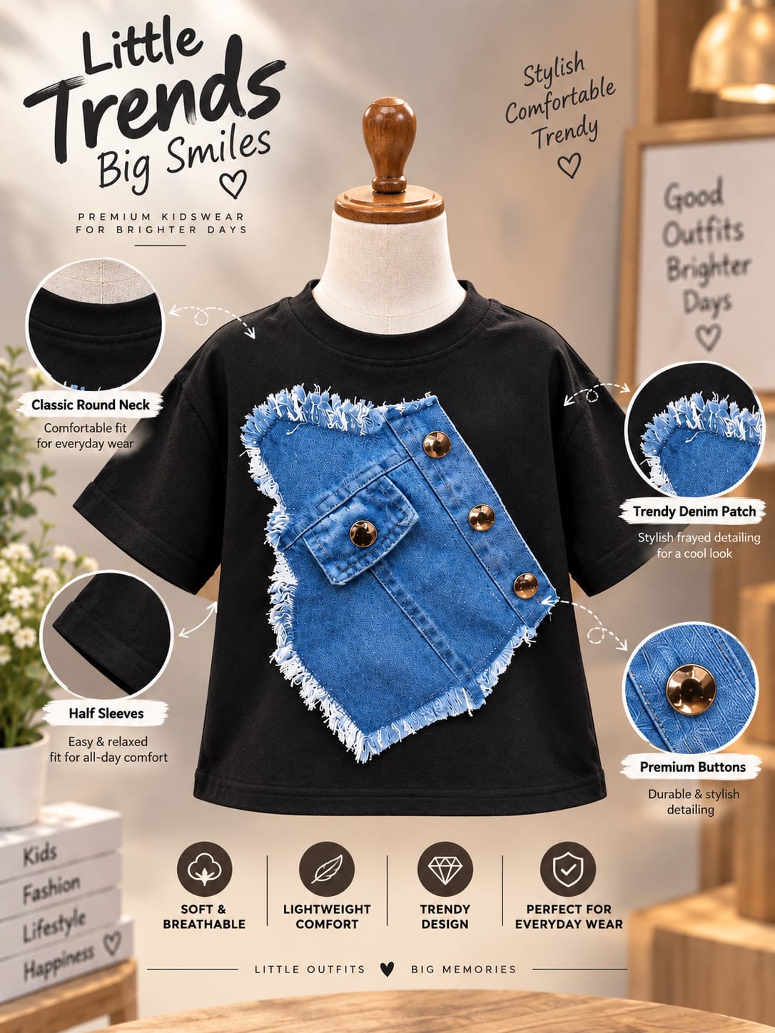 Baby Girls Premium Denim Patch Pocket Cotton T-Shirt | Trendy Casual Summer Tee for 6 Months to 4 Years