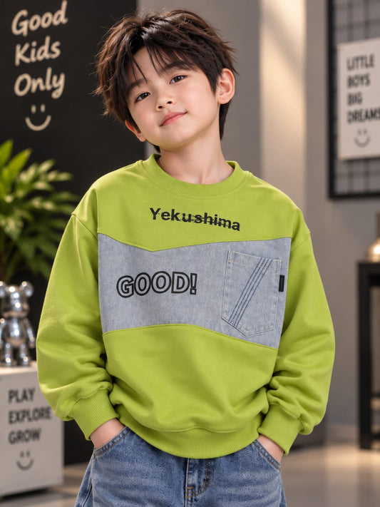 Boys Green Sweatshirt with Denim Panel & Front Pocket – 6 to 12 Years