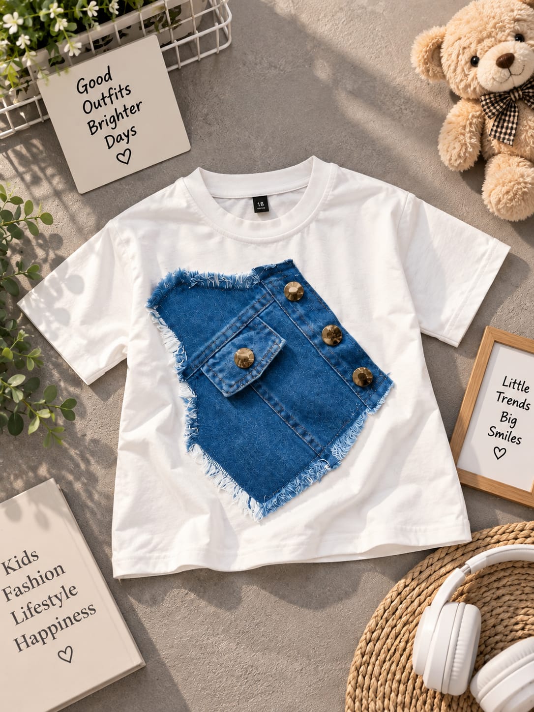 Baby Girls Premium Denim Patch Pocket Cotton T-Shirt | Stylish Casual Summer Top for 6 Months to 4 Years