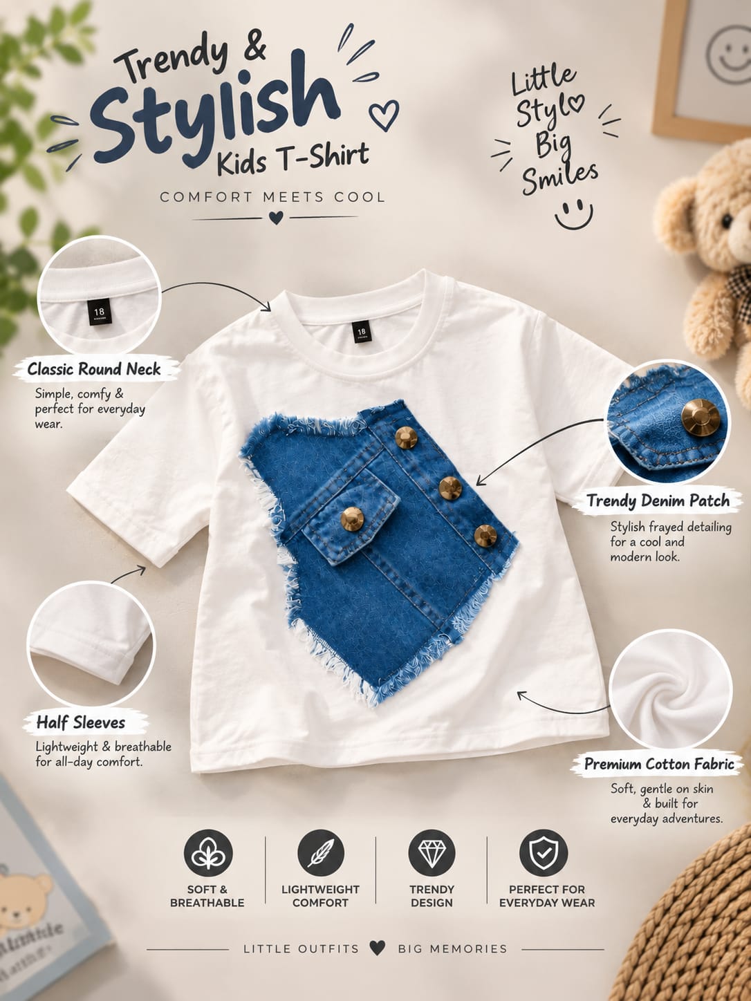 Baby Girls Premium Denim Patch Pocket Cotton T-Shirt | Stylish Casual Summer Top for 6 Months to 4 Years