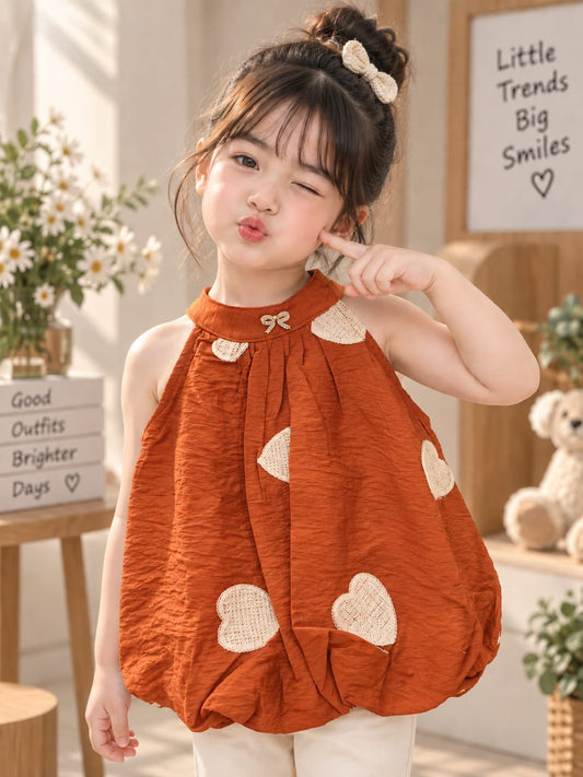 Baby Girls Rust Orange Heart Patch Balloon Top | Cute Sleeveless Party & Casual Top for 6 Months to 5 Years