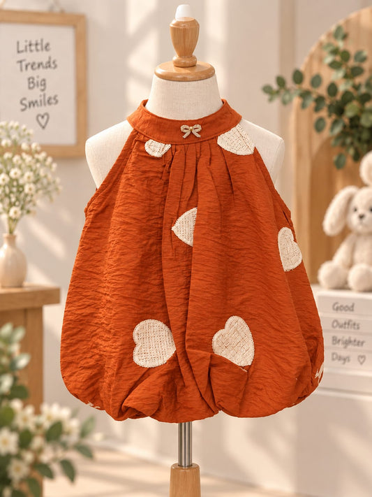 Baby Girls Rust Orange Heart Patch Balloon Top | Cute Sleeveless Party & Casual Top for 6 Months to 5 Years