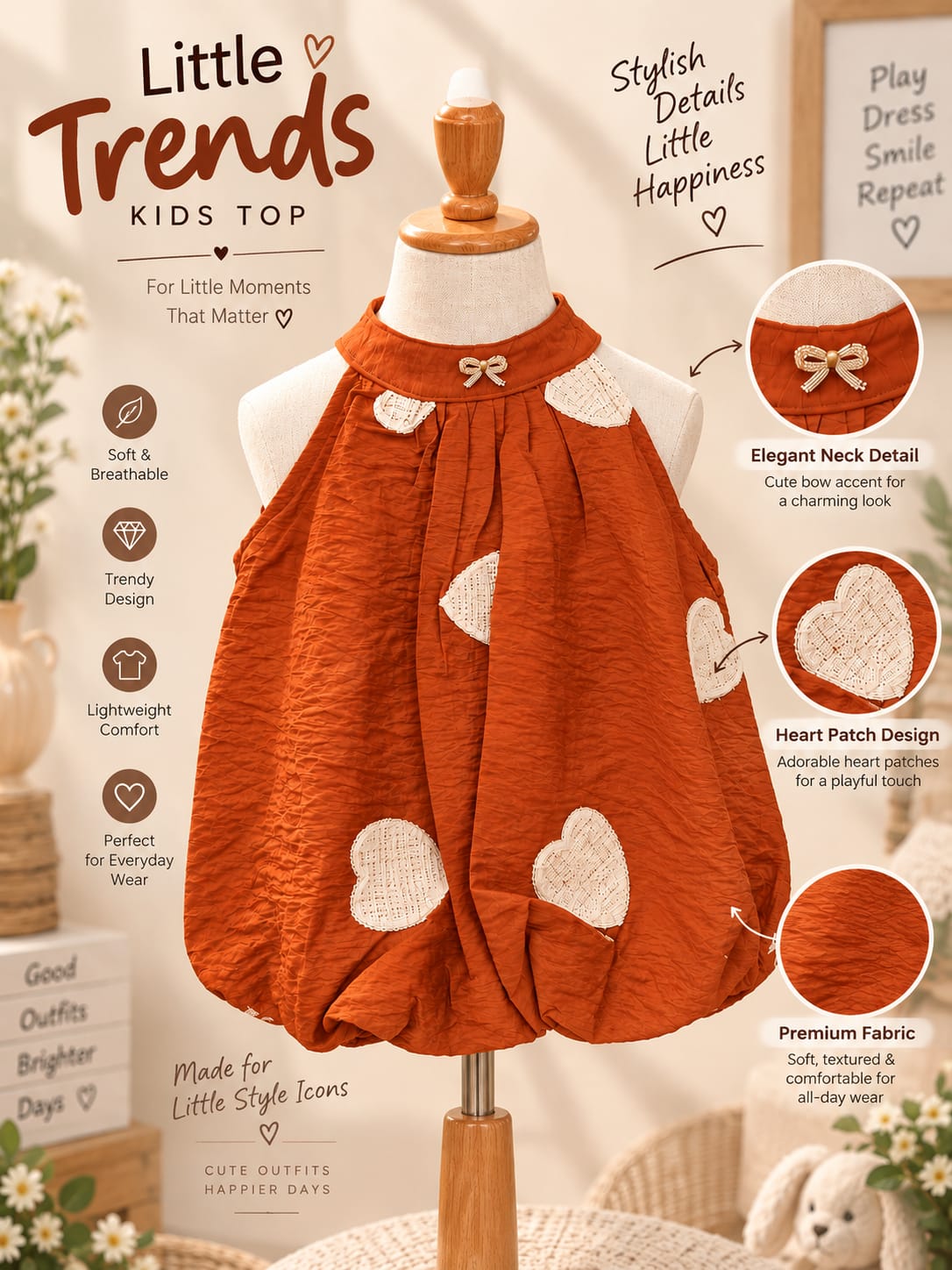 Baby Girls Rust Orange Heart Patch Balloon Top | Cute Sleeveless Party & Casual Top for 6 Months to 5 Years
