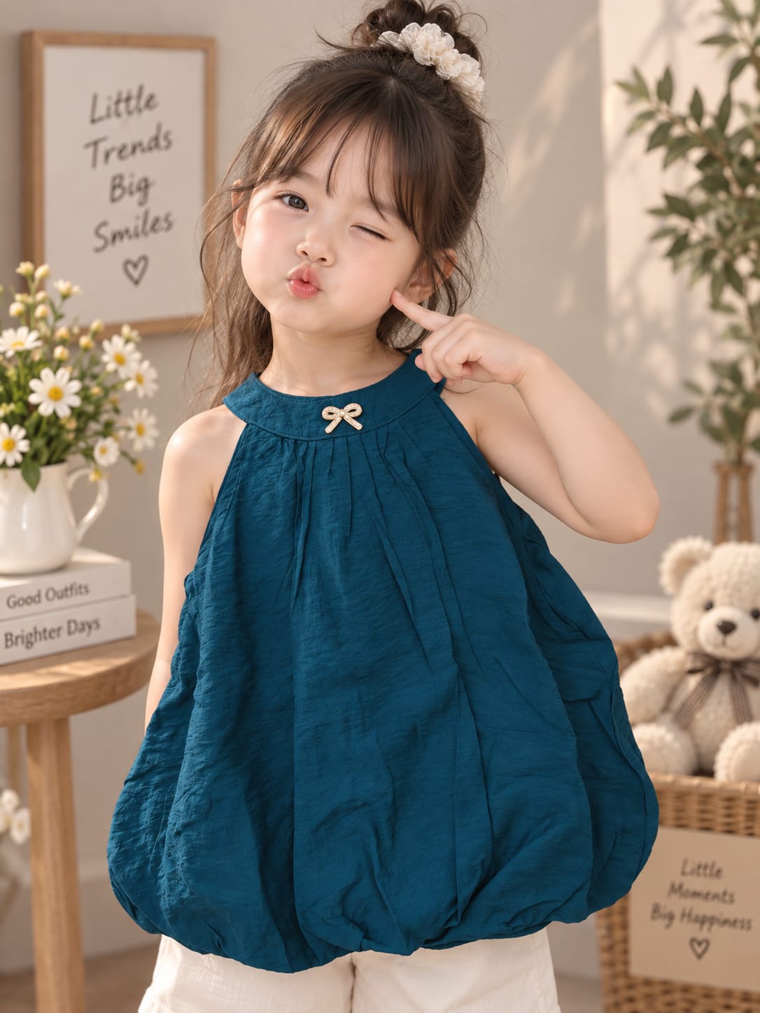 Girls Elegant Balloon Top – Teal Blue Sleeveless Party Wear Top (6 Months to 5 Years)