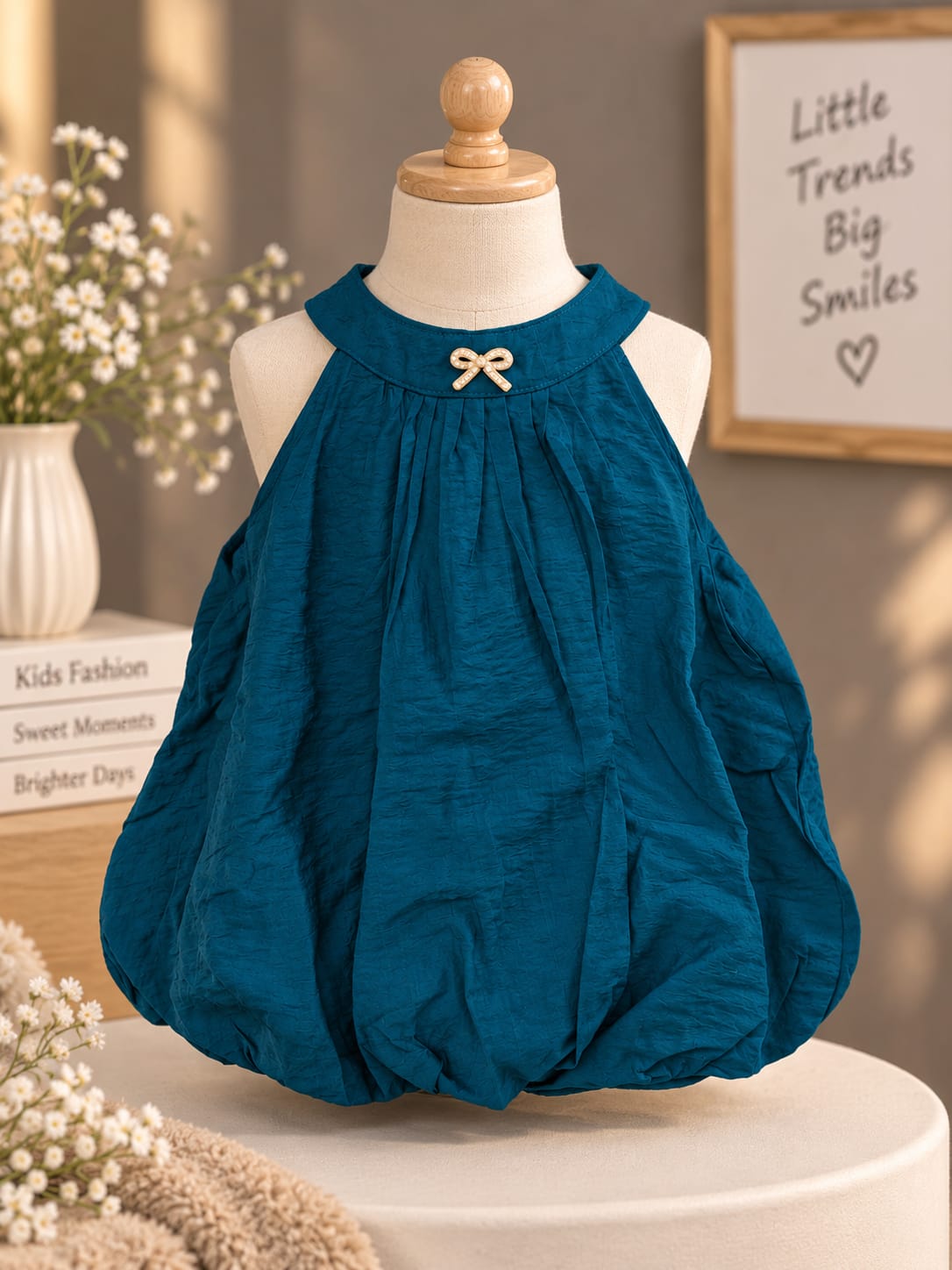 Girls Elegant Balloon Top – Teal Blue Sleeveless Party Wear Top (6 Months to 5 Years)