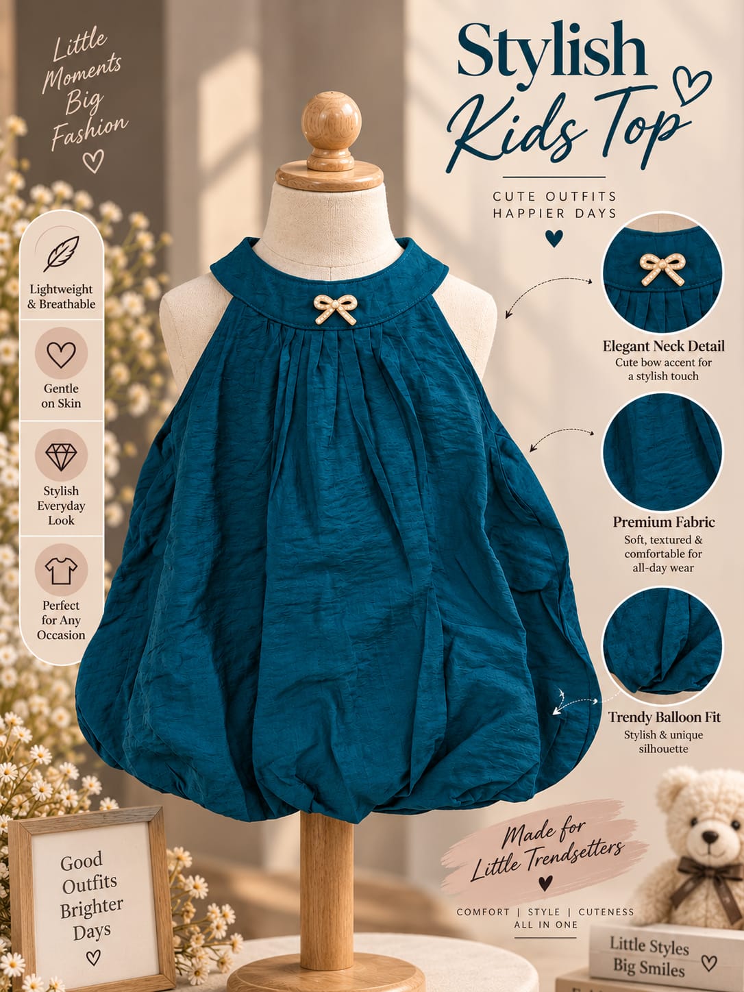 Girls Elegant Balloon Top – Teal Blue Sleeveless Party Wear Top (6 Months to 5 Years)